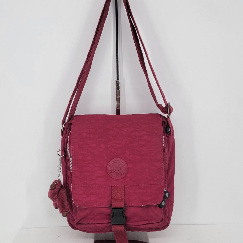 Kipling Dark Pink Crinkle Nylon Crossbody Messenger Bag with Monkey Keychain
